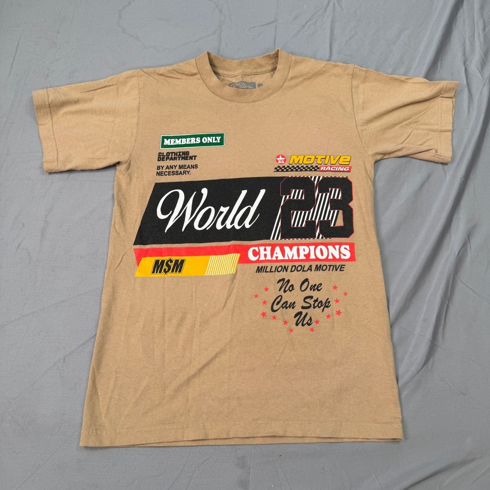 Million Dolla Motive Racing Graphic T-Shirt Tan Members Only World Champions S